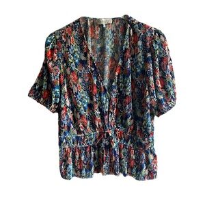 Wayf Floral Wrap Front Accordion Pleated Blouse Size XL Ruffled Top Tie Waist